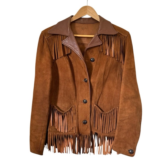 Vintage Jackets & Blazers - Vintage Brown Fringe Leather Jacket 50s Western Boho Harriswear Womens Medium